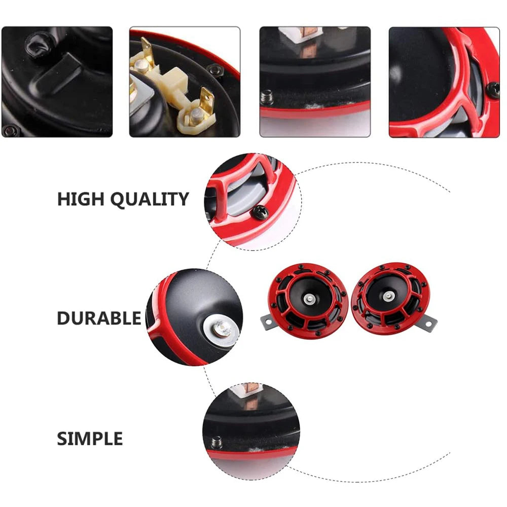 2Pcs/Set Red Hella Super Loud Compact Electric Blast Tone Air Horn Kit 12V 115DB Car Disc Horn for Motorcycle Car Accessories