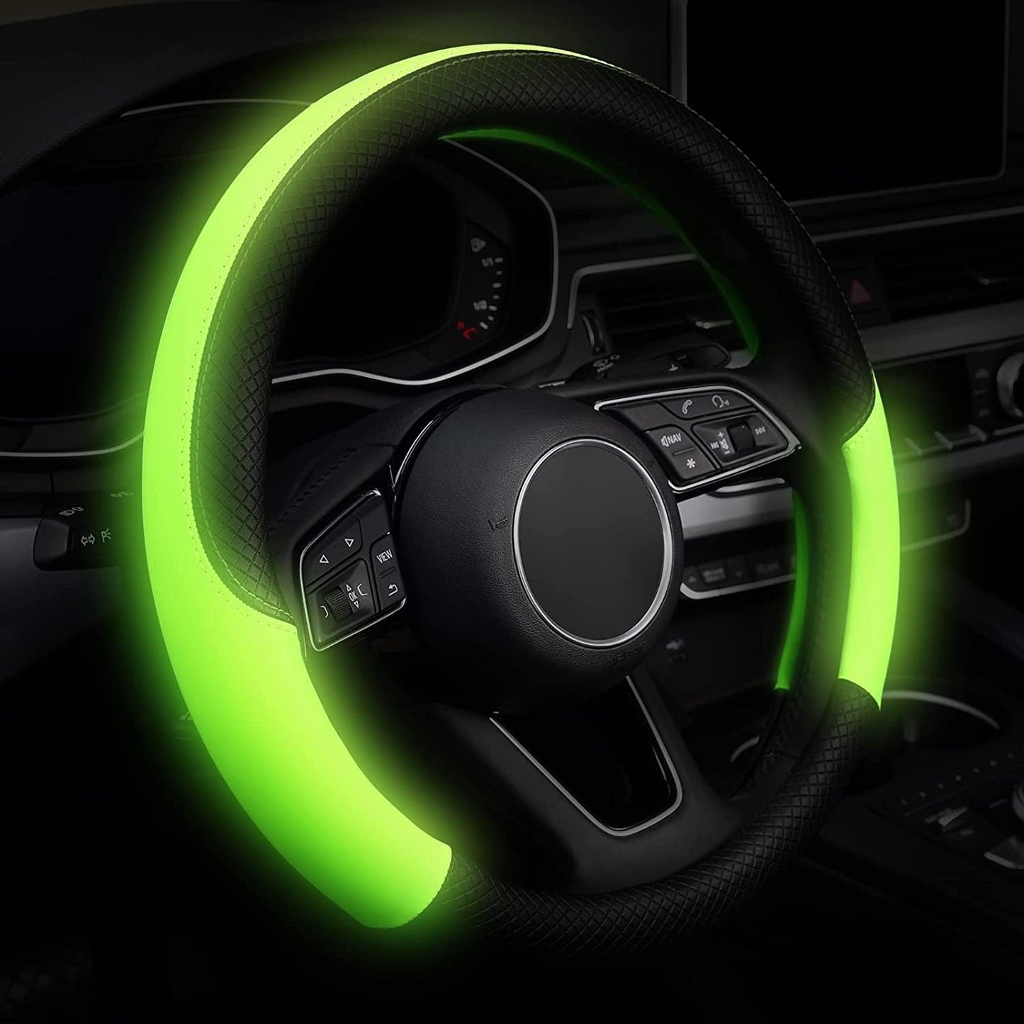 Luminous Green Noctilucent Steering Wheel Cover, Universal 15 Inch, Microfiber Leather,Anti-Slip, Odorless, Glow at Night