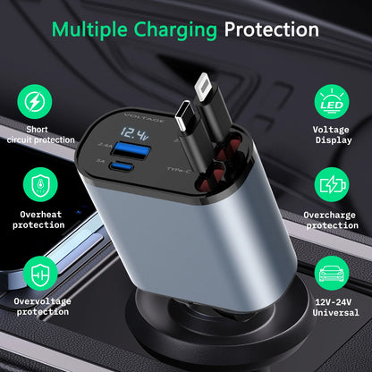 Retractable Car Charger,4 In1 Fast Car Phone Charger 66W, Retractable Cables (2.6Ft) and 2 USB Ports