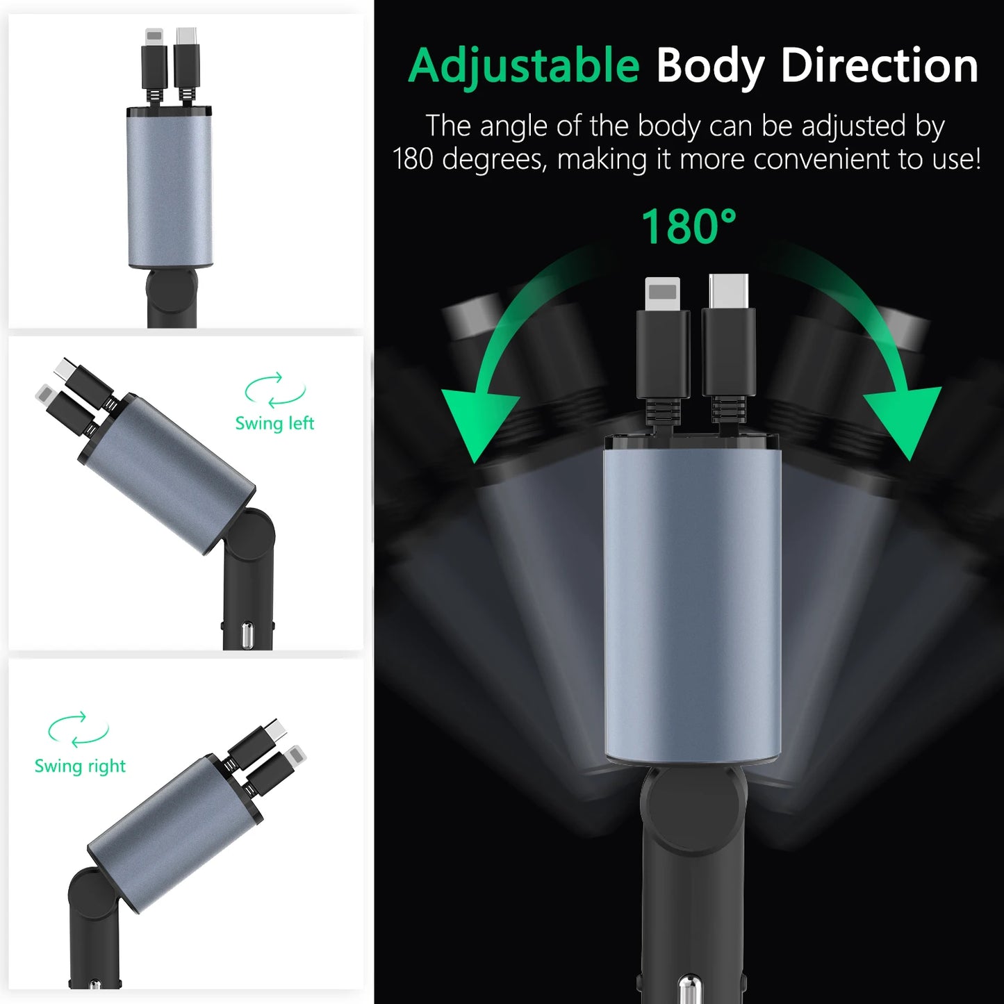 Retractable Car Charger,4 In1 Fast Car Phone Charger 66W, Retractable Cables (2.6Ft) and 2 USB Ports