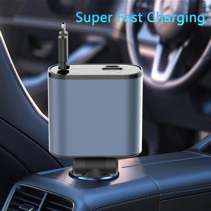 Retractable Car Charger,4 In1 Fast Car Phone Charger 66W, Retractable Cables (2.6Ft) and 2 USB Ports